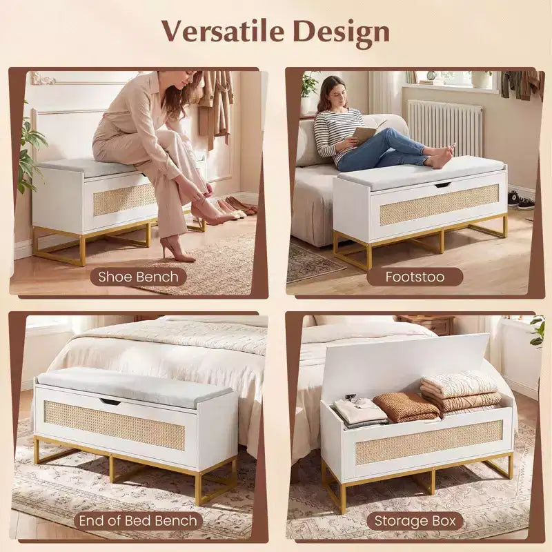 Panca contenitore in rattan da 99 cm con seduta imbottita, coperchio incernierato e cerniere di sicurezza – Oro e Bianco / Marrone