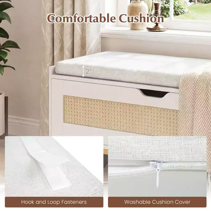 Panca contenitore in rattan da 99 cm con seduta imbottita, coperchio incernierato e cerniere di sicurezza – Oro e Bianco / Marrone