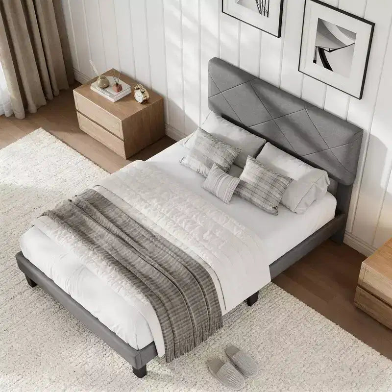 Bed Frame with Upholstered Headboard, King Size Platform Bed Frame with Wooden Slat Support, No Box Spring Needed & Noise Free