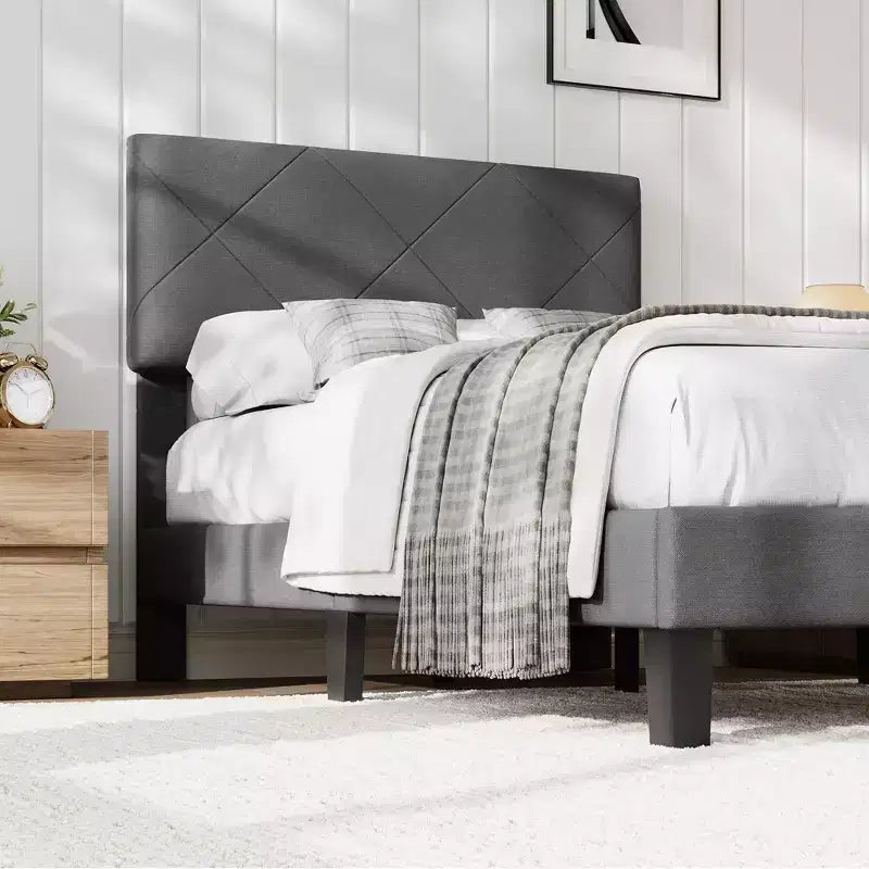 Upholstered Platform Bed Frame with Diamond-Quilted Headboard