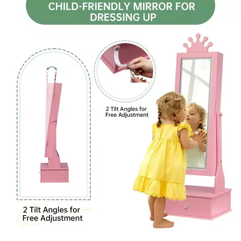 Armadio Portagioie Autoportante per Bambini con Specchio LED e 3 Cassetti