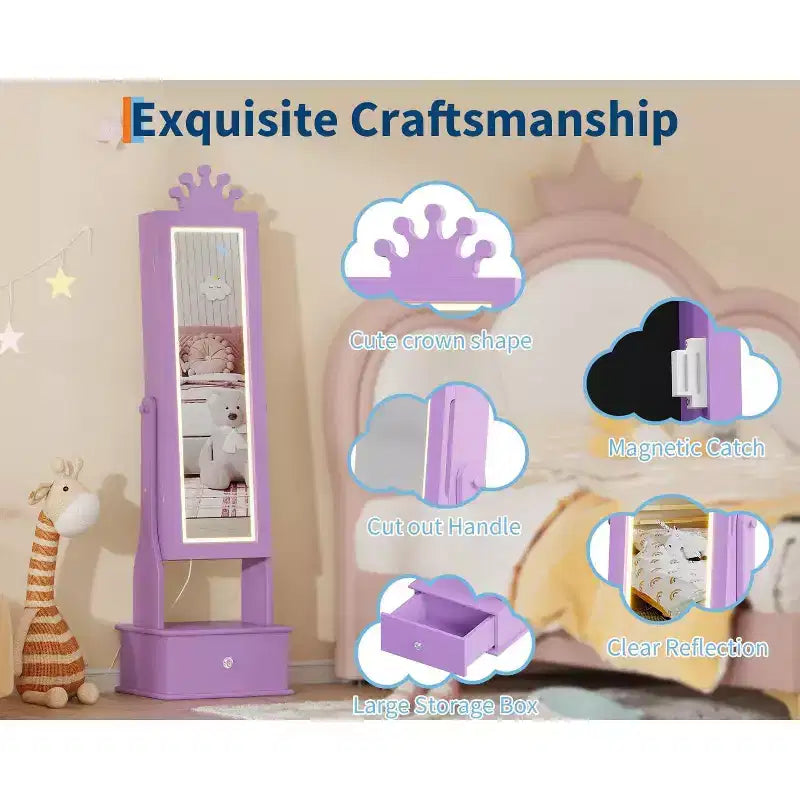 Armadio Portagioie Autoportante per Bambini con Specchio LED e 3 Cassetti