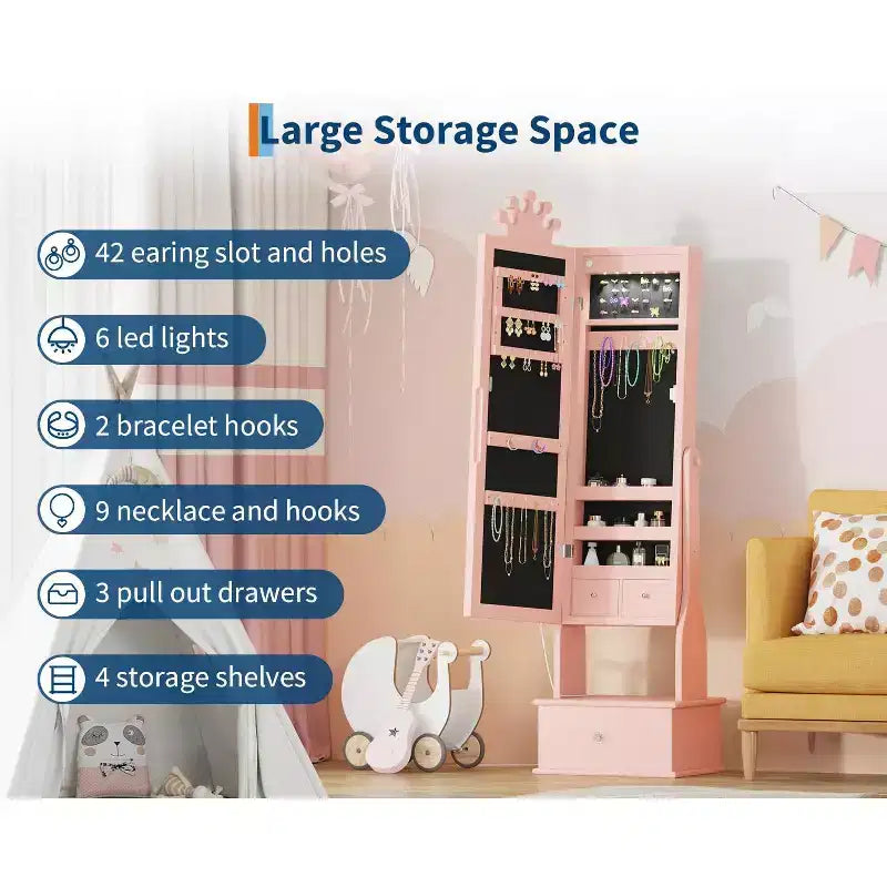 Kids Freestanding Jewelry Armoire with LED Mirror and 3 Drawers