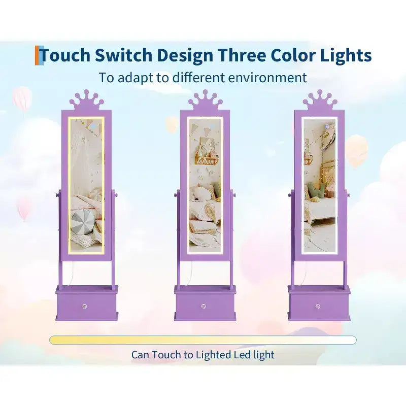 Armadio Portagioie Autoportante per Bambini con Specchio LED e 3 Cassetti