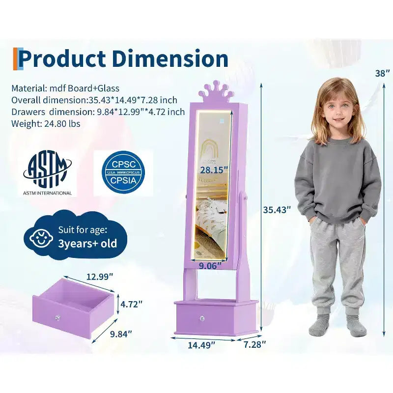 Armadio Portagioie Autoportante per Bambini con Specchio LED e 3 Cassetti