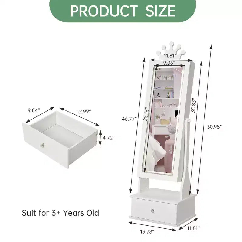 Armadio Portagioie Autoportante per Bambini con Specchio LED e 3 Cassetti