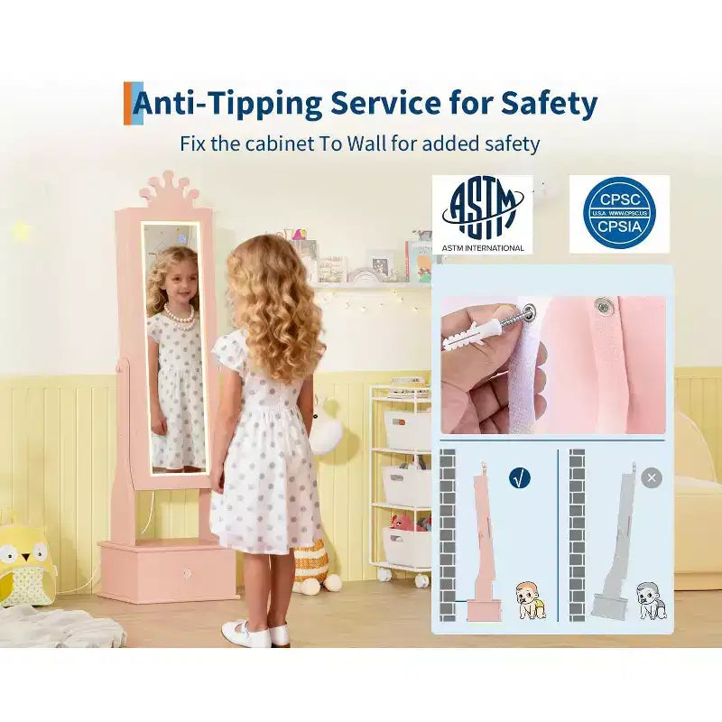 Armadio Portagioie Autoportante per Bambini con Specchio LED e 3 Cassetti