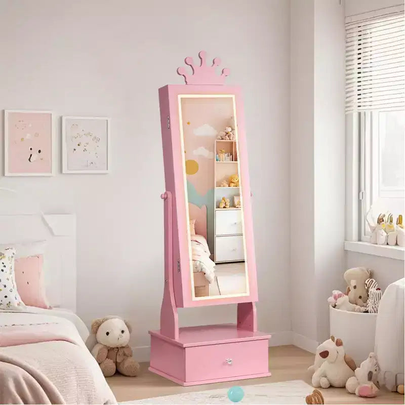Kids Freestanding Jewelry Armoire with LED Mirror and 3 Drawers