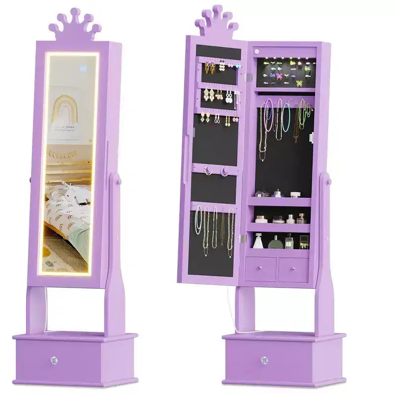 Kids Freestanding Jewelry Armoire with LED Mirror and 3 Drawers