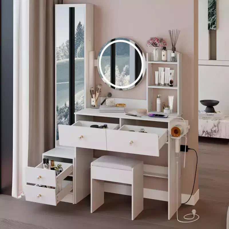Vanity Desk Set with Full-Body Mirror Cabinet, LED Lights, Storage Drawers, Power Hub, Hair Dryer Holder, and Stool
