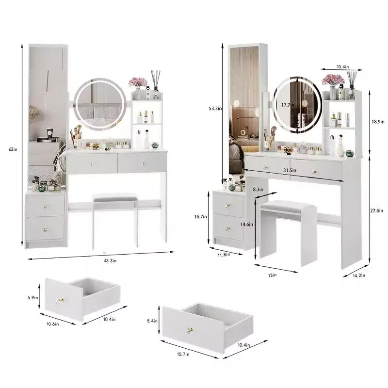 Vanity Desk Set with Full-Body Mirror Cabinet, LED Lights, Storage Drawers, Power Hub, Hair Dryer Holder, and Stool