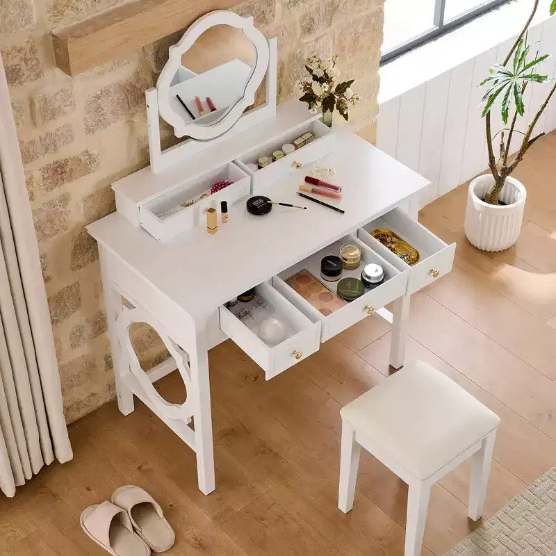 Luxury Makeup Vanity Desk with Reversible Mirror, 5 Drawers, Matching Stool for Small Spaces, White Finish, Space-Saving Design