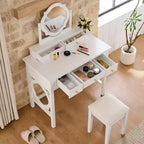 Luxury Makeup Vanity Desk with Reversible Mirror, 5 Drawers, Matching Stool for Small Spaces, White Finish, Space-Saving Design