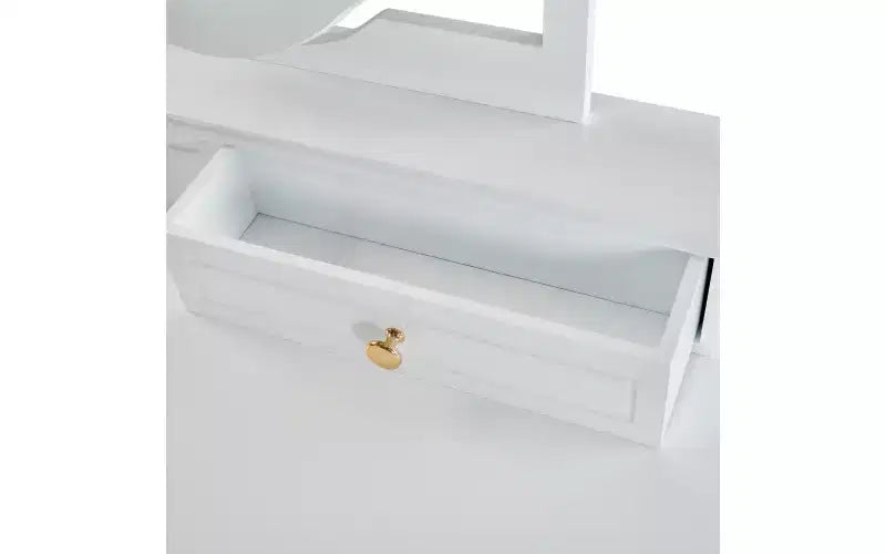 Toeletta con specchio reversibile, 5 cassetti e sgabello abbinato, bianco