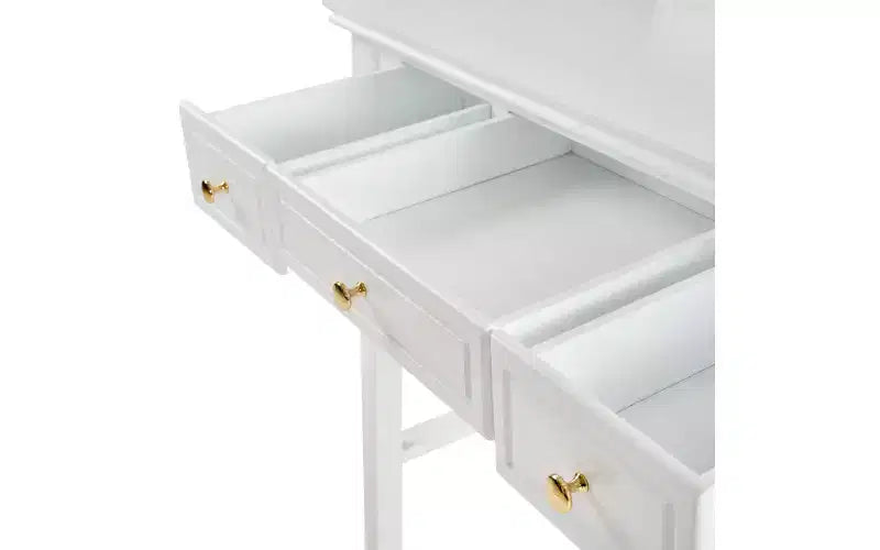 Toeletta con specchio reversibile, 5 cassetti e sgabello abbinato, bianco