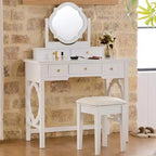 Toeletta con specchio reversibile, 5 cassetti e sgabello abbinato, bianco