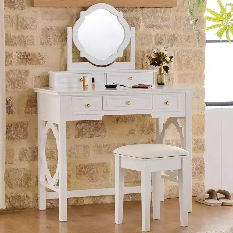 Makeup Vanity Desk with Reversible Mirror, 5 Drawers & Matching Stool, White