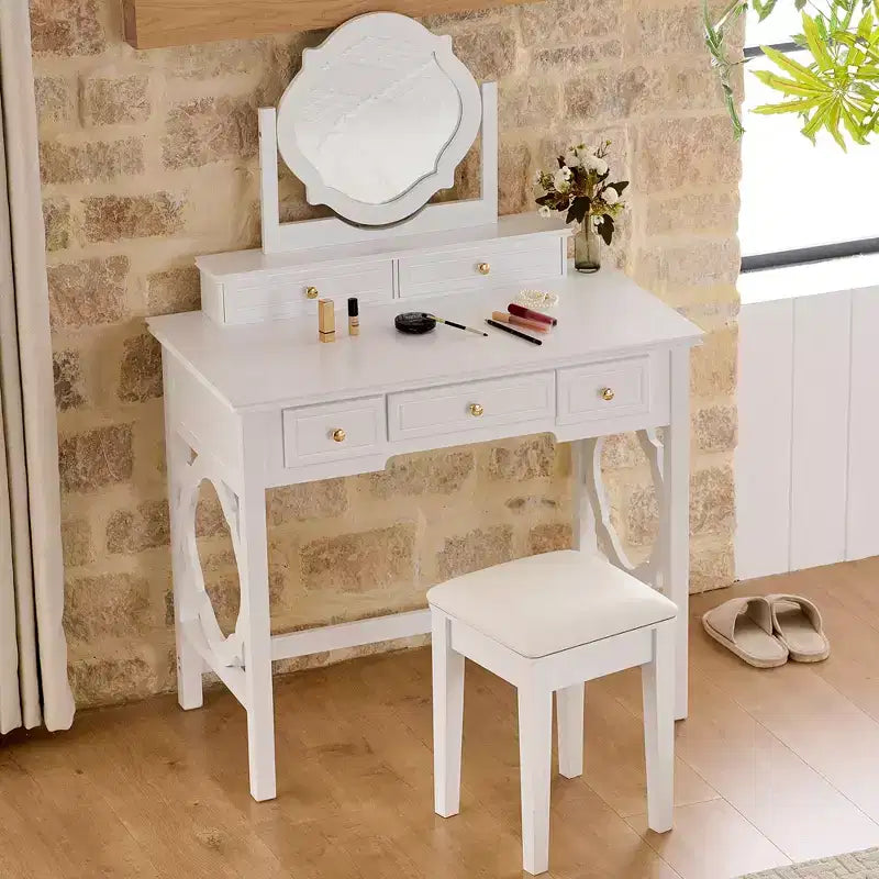 Toeletta con specchio reversibile, 5 cassetti e sgabello abbinato, bianco