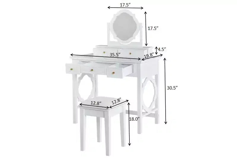 Makeup Vanity Desk with Reversible Mirror, 5 Drawers & Matching Stool, White