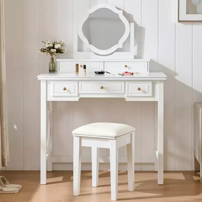 Toeletta con specchio reversibile, 5 cassetti e sgabello abbinato, bianco