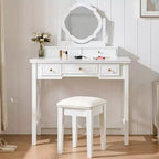 Toeletta con specchio reversibile, 5 cassetti e sgabello abbinato, bianco