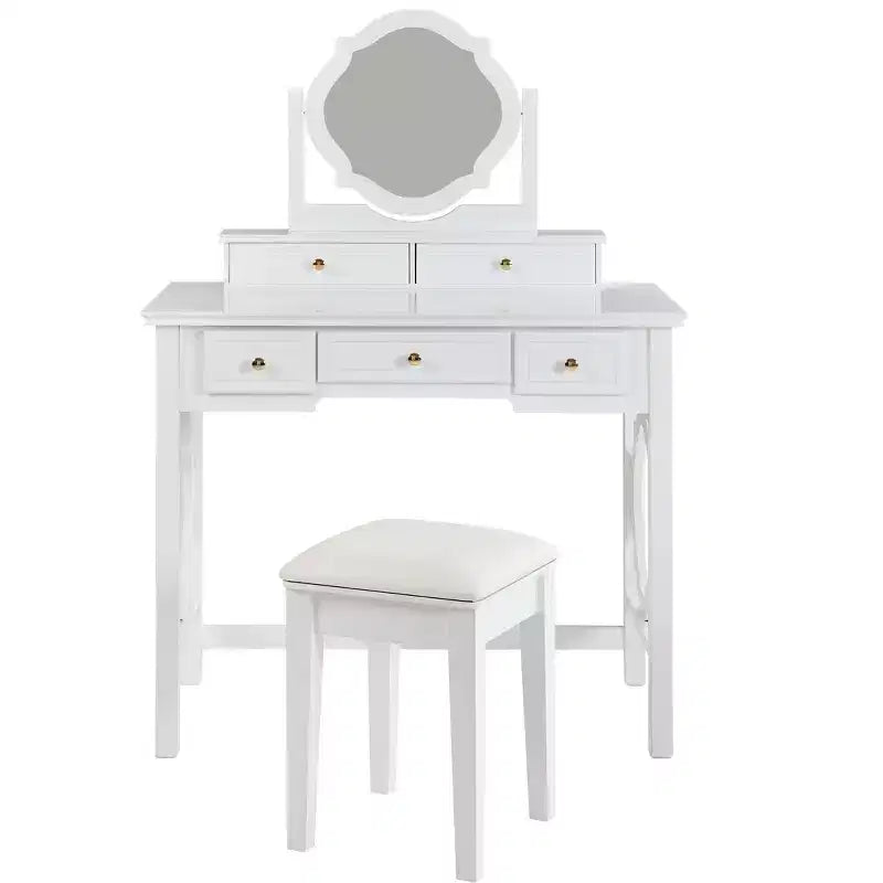 Toeletta con specchio reversibile, 5 cassetti e sgabello abbinato, bianco