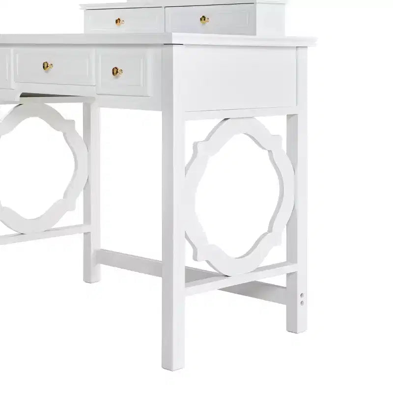 Toeletta con specchio reversibile, 5 cassetti e sgabello abbinato, bianco