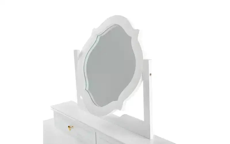 Toeletta con specchio reversibile, 5 cassetti e sgabello abbinato, bianco