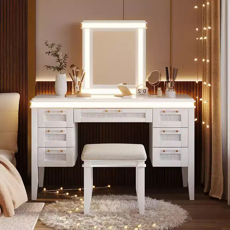 48-Inch Modern Makeup Vanity Desk with Lighted Mirror, 7 Drawers, Matching Stool for Bedroom, Light Beige Finish