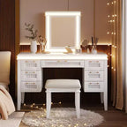 48-Inch Modern Makeup Vanity Desk with Lighted Mirror, 7 Drawers, Matching Stool for Bedroom, Light Beige Finish