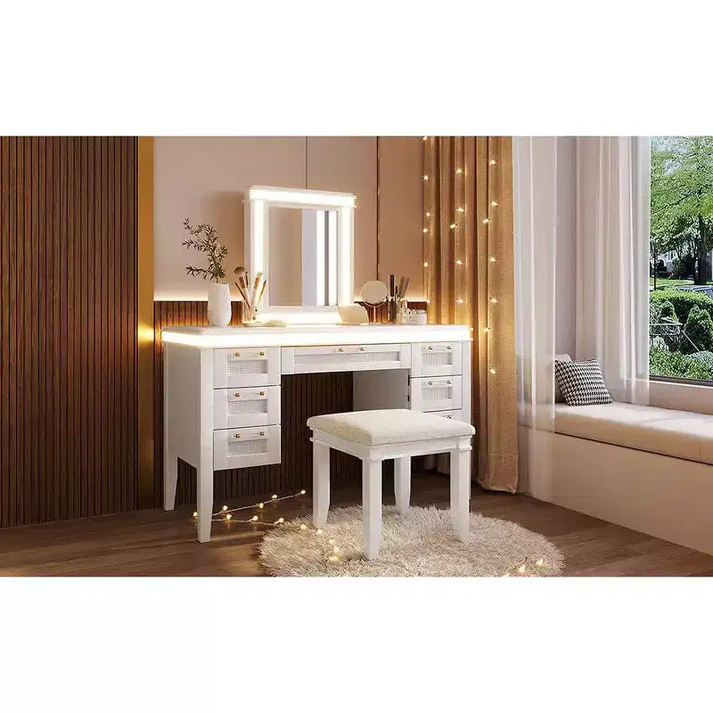 Toeletta moderna da 48 pollici con specchio illuminato, 7 cassetti, sgabello abbinato per camera da letto, finitura beige chiaro