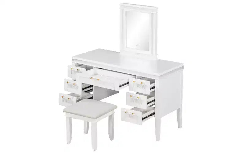 Toeletta moderna da 48 pollici con specchio illuminato, 7 cassetti, sgabello abbinato per camera da letto, finitura beige chiaro