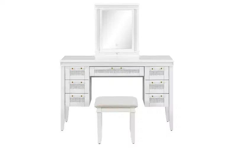 Toeletta moderna da 48 pollici con specchio illuminato, 7 cassetti, sgabello abbinato per camera da letto, finitura beige chiaro