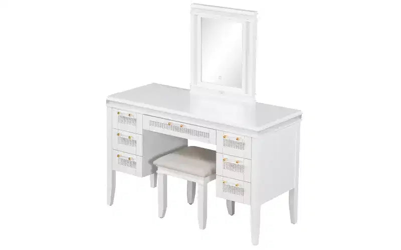 Toeletta moderna da 48 pollici con specchio illuminato, 7 cassetti, sgabello abbinato per camera da letto, finitura beige chiaro