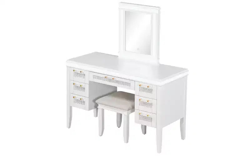 Toeletta moderna da 48 pollici con specchio illuminato, 7 cassetti, sgabello abbinato per camera da letto, finitura beige chiaro