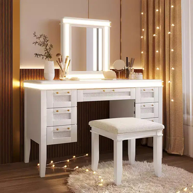 Toeletta moderna da 48 pollici con specchio illuminato, 7 cassetti, sgabello abbinato per camera da letto, finitura beige chiaro