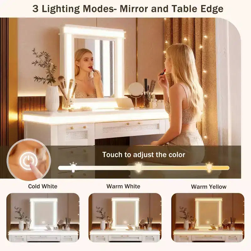 Toeletta moderna da 48 pollici con specchio illuminato, 7 cassetti, sgabello abbinato per camera da letto, finitura beige chiaro