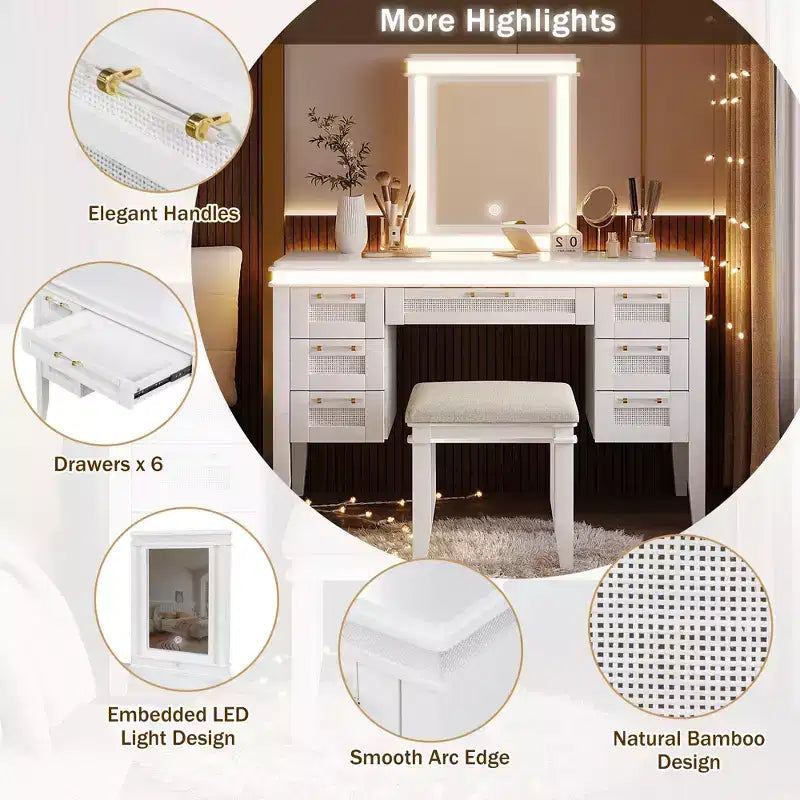 48-Inch Modern Makeup Vanity Desk with Lighted Mirror, 7 Drawers, Matching Stool for Bedroom, Light Beige Finish