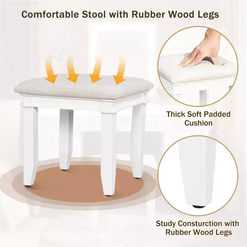 Toeletta moderna da 48 pollici con specchio illuminato, 7 cassetti, sgabello abbinato per camera da letto, finitura beige chiaro