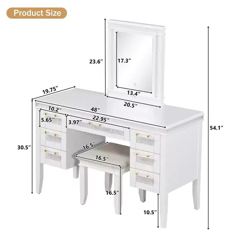 Toeletta moderna da 48 pollici con specchio illuminato, 7 cassetti, sgabello abbinato per camera da letto, finitura beige chiaro