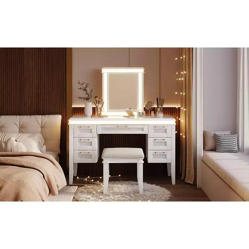 Toeletta moderna da 48 pollici con specchio illuminato, 7 cassetti, sgabello abbinato per camera da letto, finitura beige chiaro