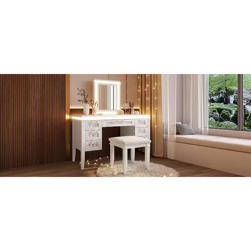 Toeletta moderna da 48 pollici con specchio illuminato, 7 cassetti, sgabello abbinato per camera da letto, finitura beige chiaro