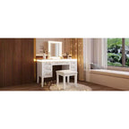 Toeletta moderna da 48 pollici con specchio illuminato, 7 cassetti, sgabello abbinato per camera da letto, finitura beige chiaro