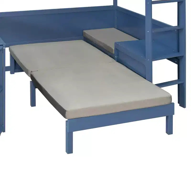 Letto a soppalco matrimoniale in legno con scrivania, mensola portaoggetti, divano convertibile e luce LED