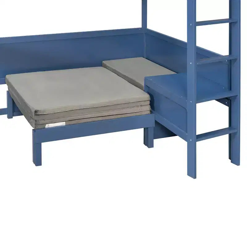 Letto a soppalco matrimoniale in legno con scrivania, mensola portaoggetti, divano convertibile e luce LED