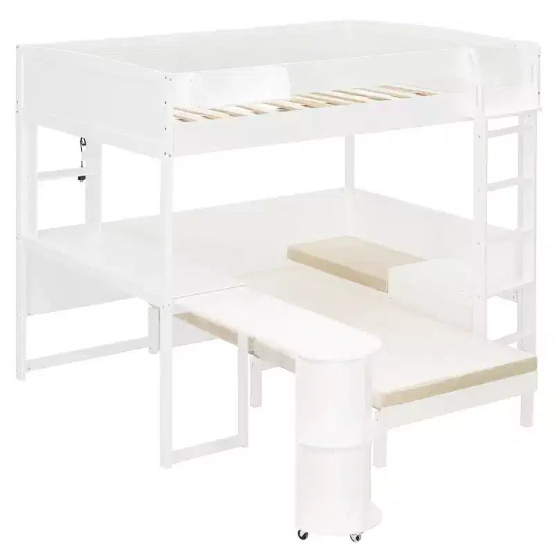 Letto a soppalco matrimoniale in legno con scrivania, mensola portaoggetti, divano convertibile e luce LED
