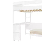 Letto a soppalco matrimoniale in legno con scrivania, mensola portaoggetti, divano convertibile e luce LED