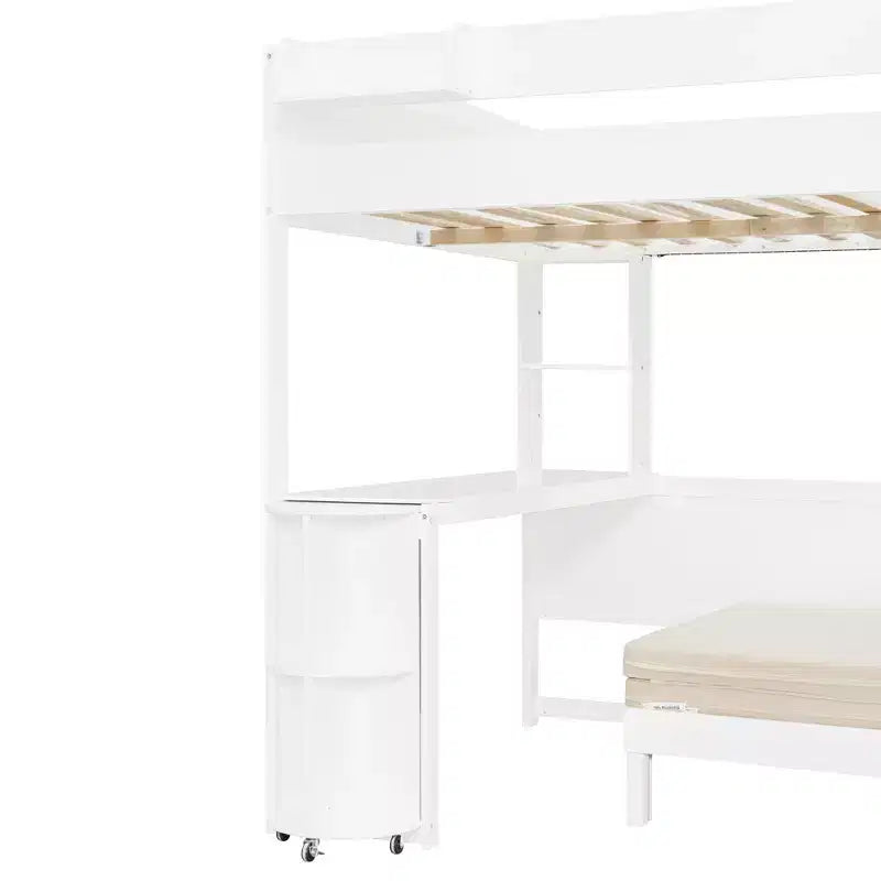 Letto a soppalco matrimoniale in legno con scrivania, mensola portaoggetti, divano convertibile e luce LED