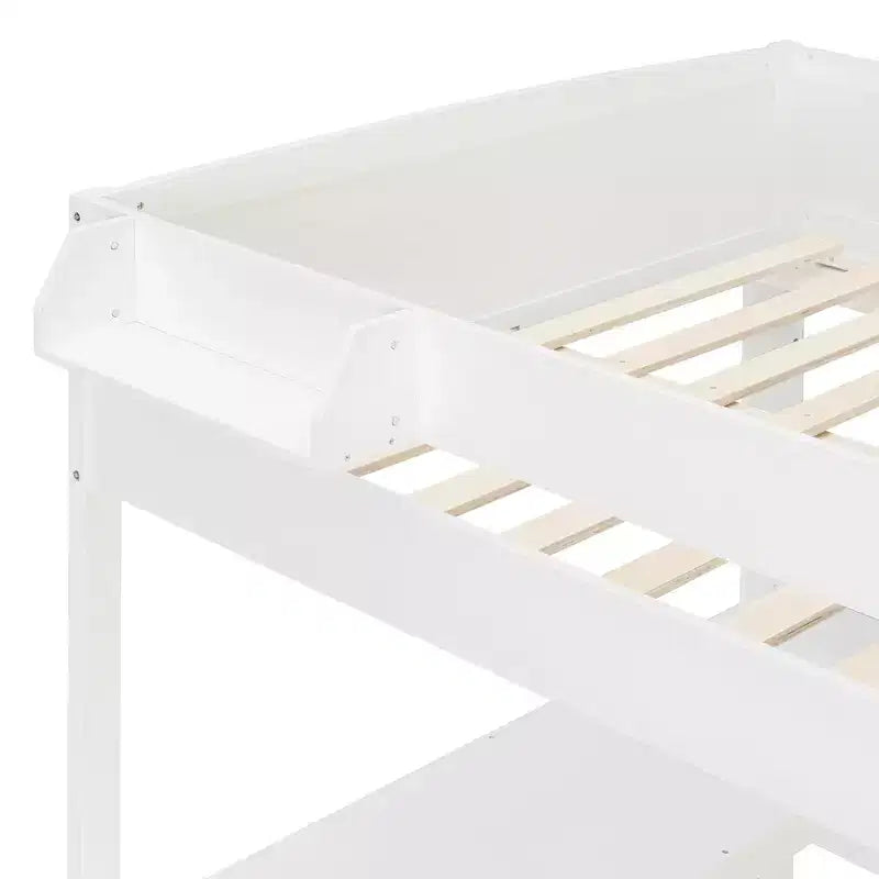 Letto a soppalco matrimoniale in legno con scrivania, mensola portaoggetti, divano convertibile e luce LED