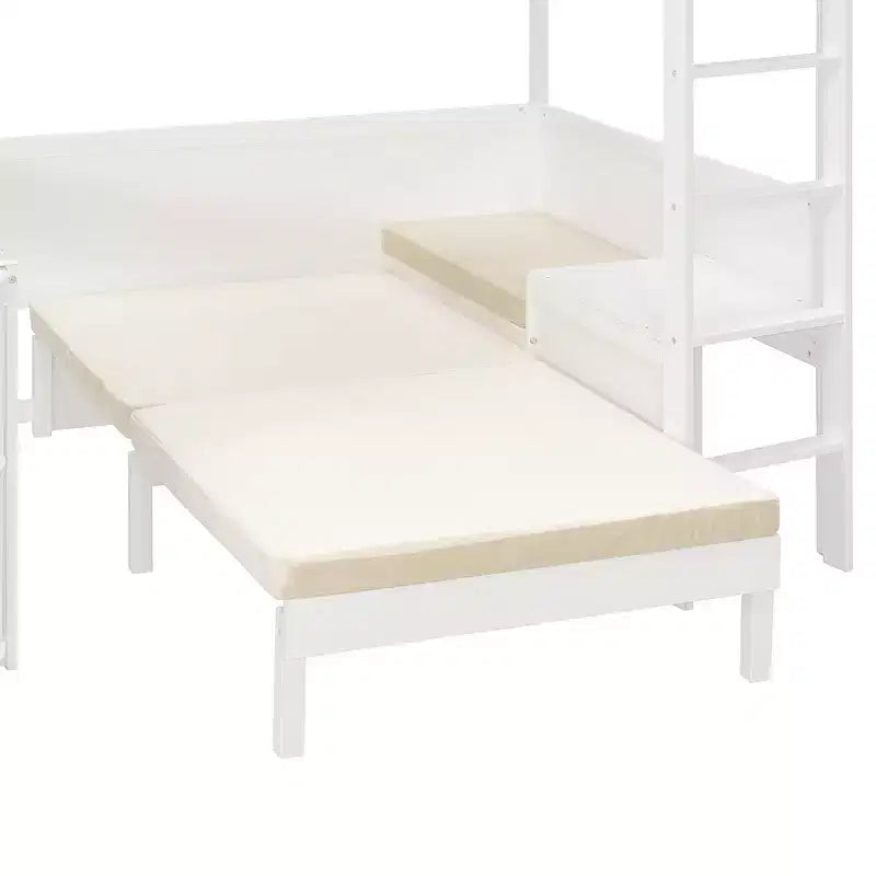 Letto a soppalco matrimoniale in legno con scrivania, mensola portaoggetti, divano convertibile e luce LED